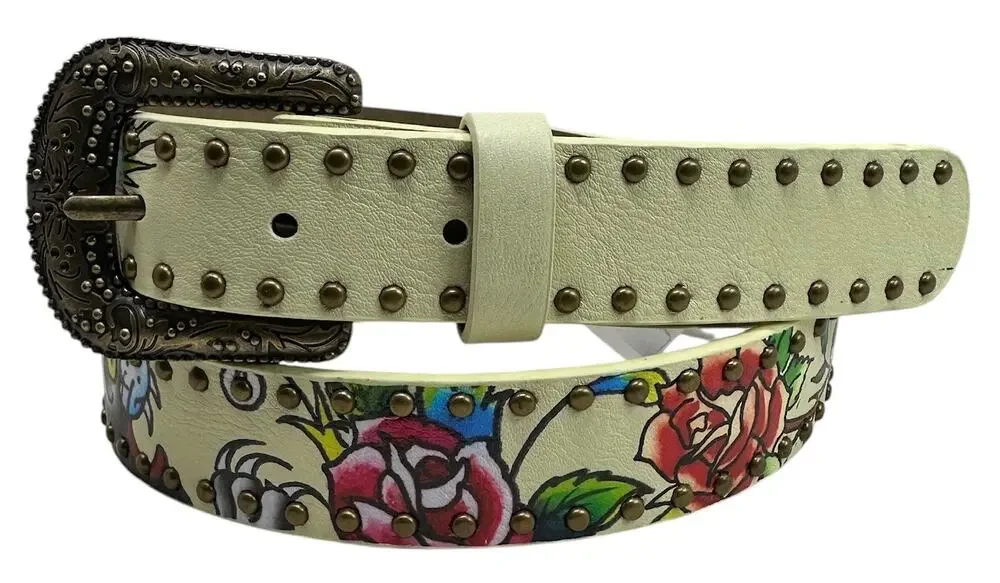 Ed Hardy Women's Rivet Studded Printed Cream Belt